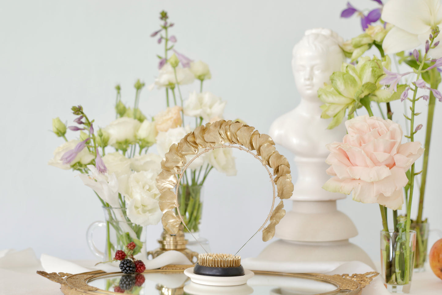 Gold leaf crown with florals in greek goddess theme