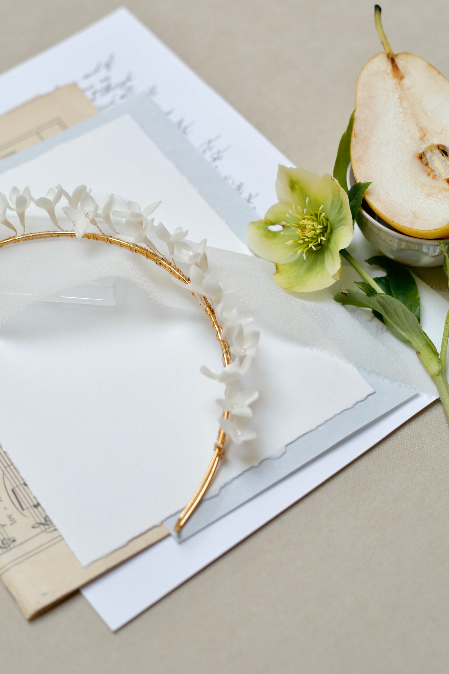 Gold and white flower crown for wedding