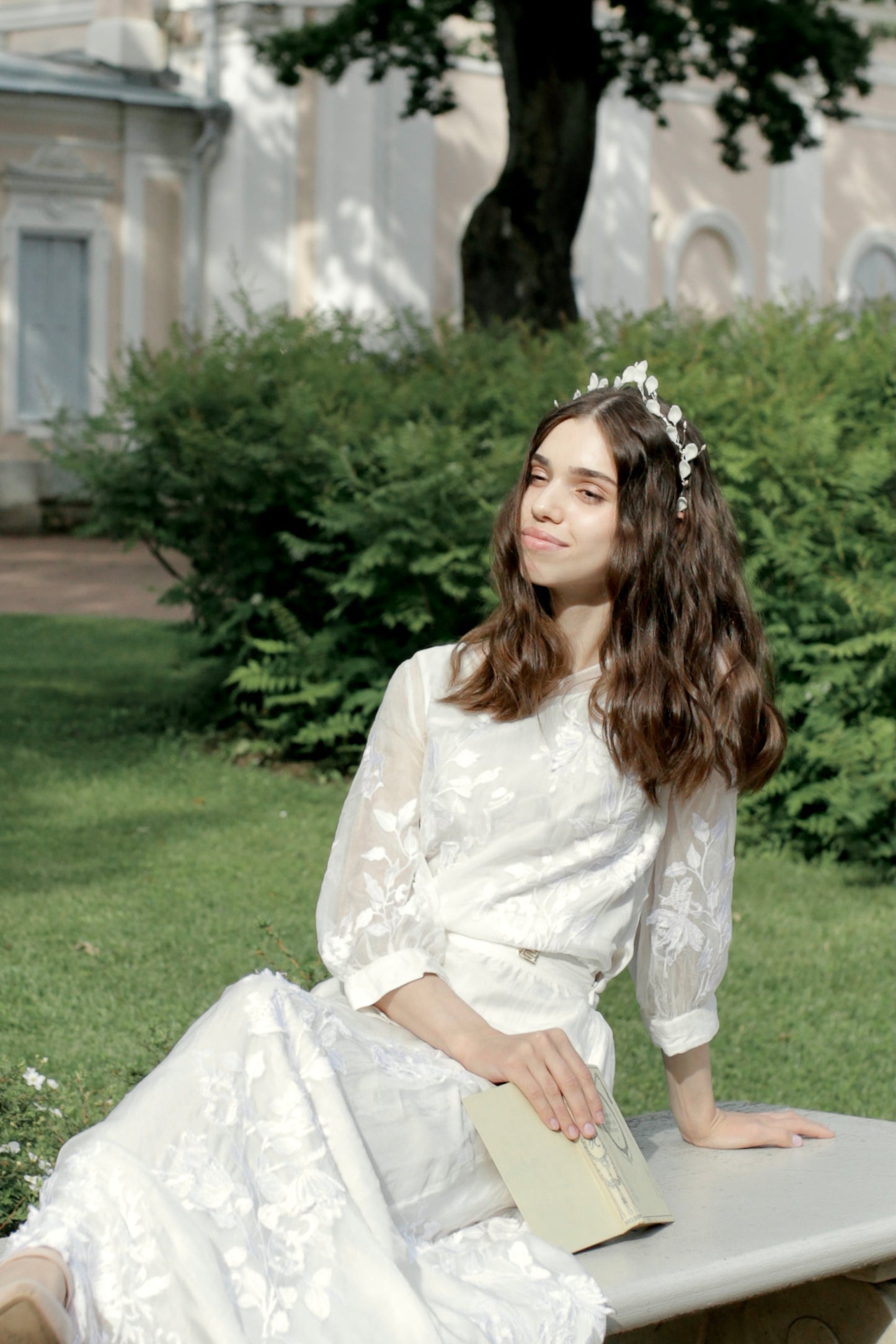 Wedding halo with white florals on a silver crown
