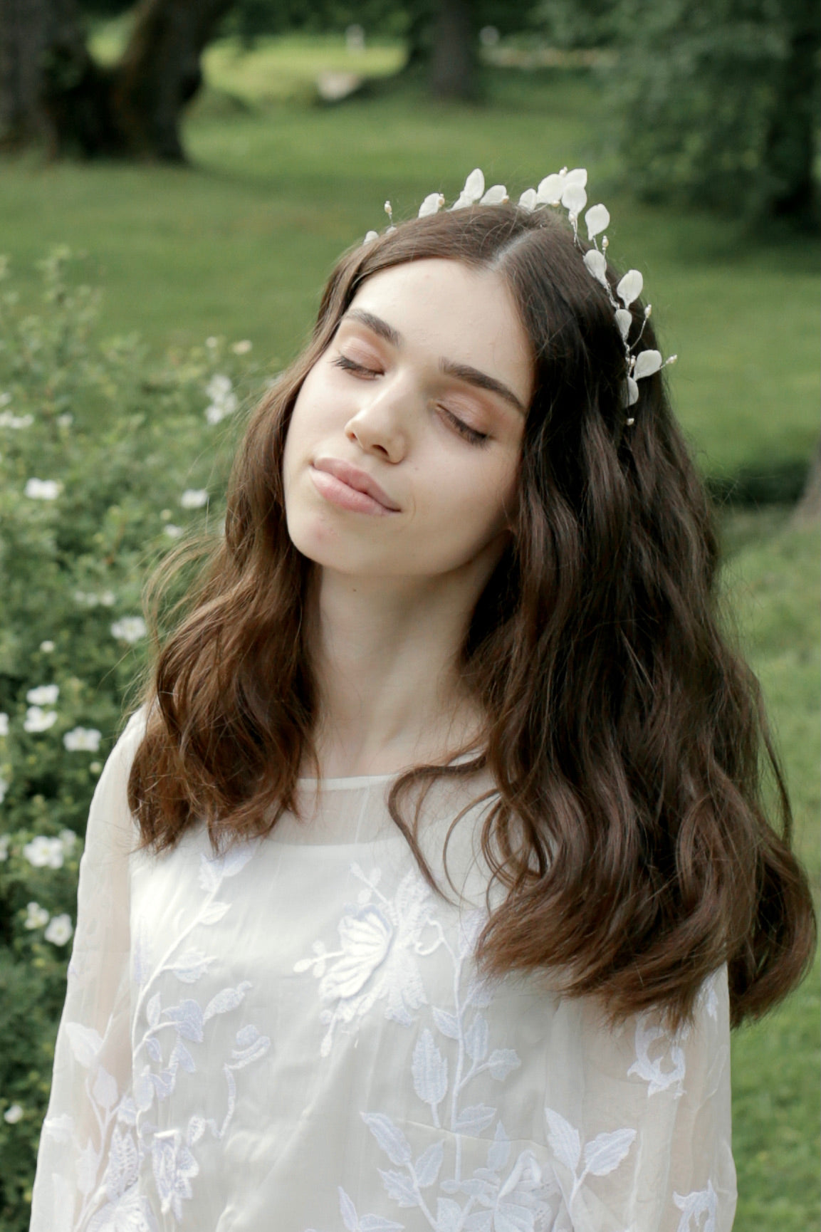Princess tiara for bride with hand sculpted florals and natural pearl