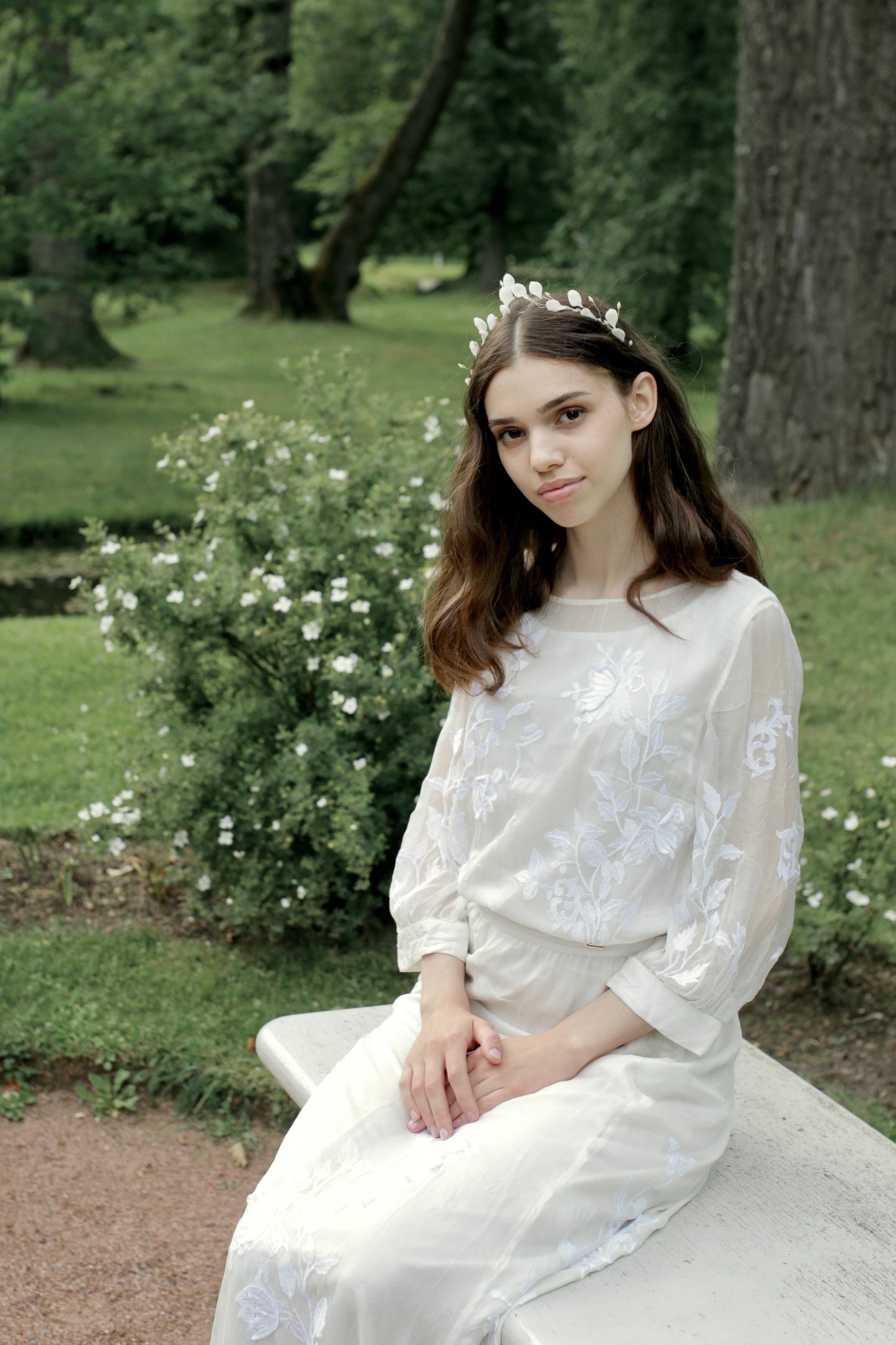 Silver crown for bride with white florals