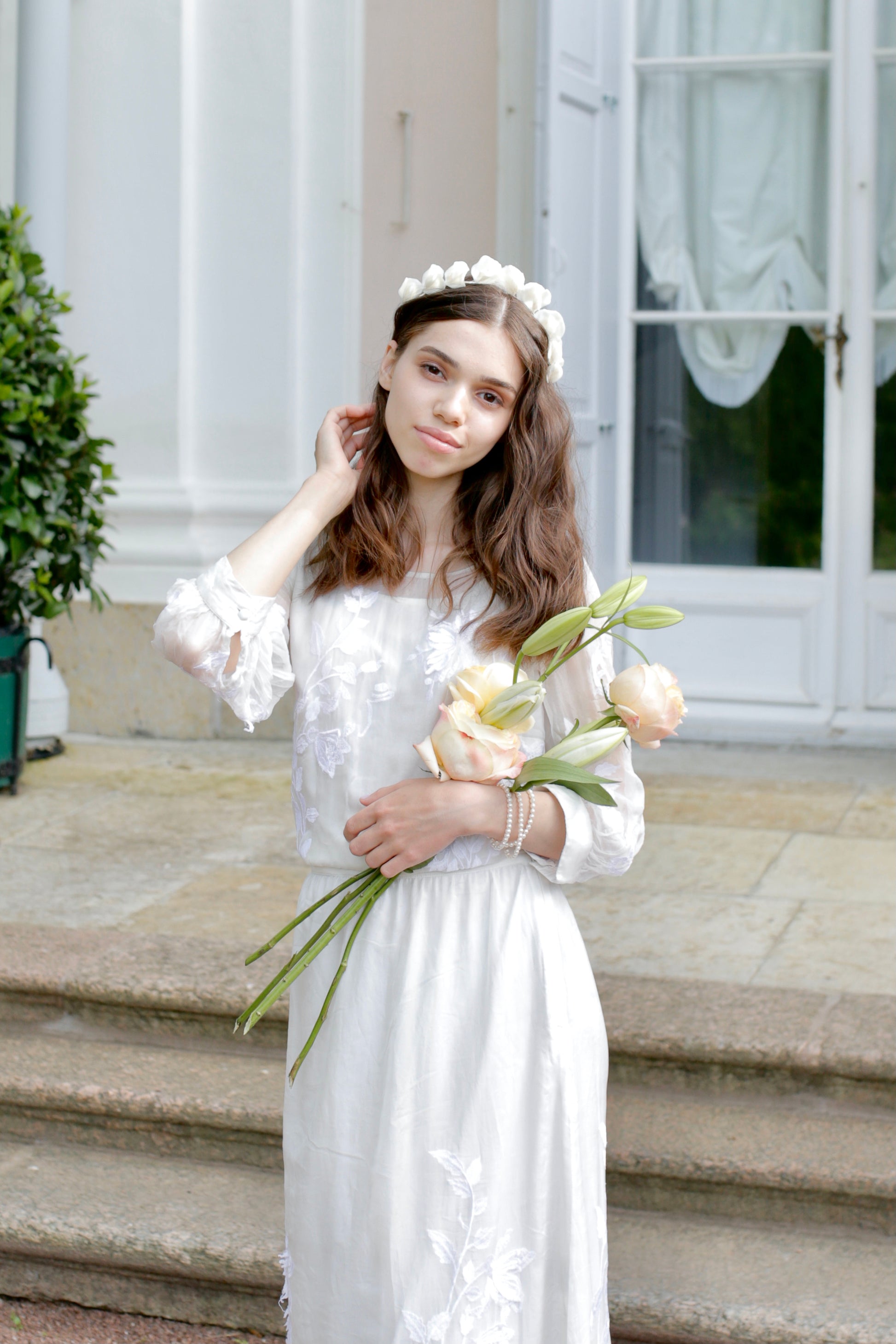 Floral headpiece with porcelain flowers for bride