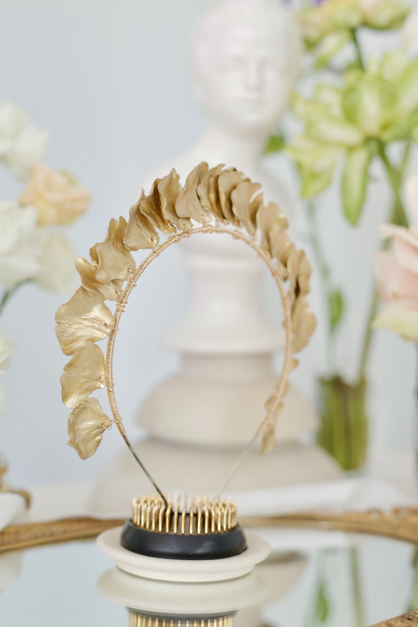 Gold leaf headband for bridal hairstyle